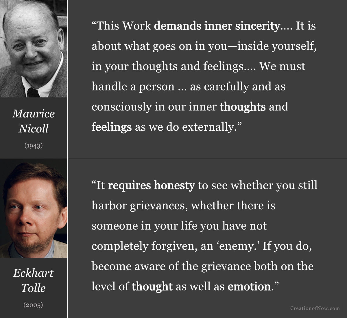 Maurice Nicoll and Eckhart Tolle emphasise the importance of sincerity and honesty in evaluating feelings towards others