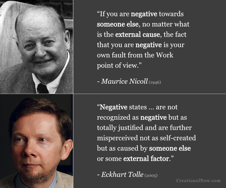 Maurice Nicoll and Eckhart Tolle quotes that emphasize how each person is responsible for their own negative inner states regardless of external circumstances