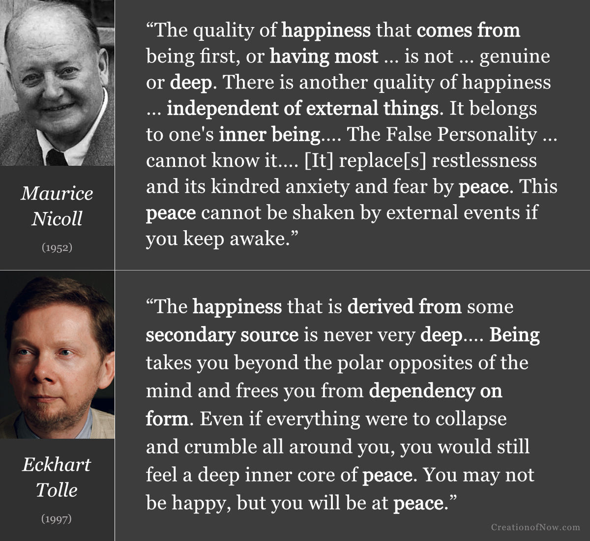 Maurice Nicoll and Eckhart Tolle quotes about true happiness and peace